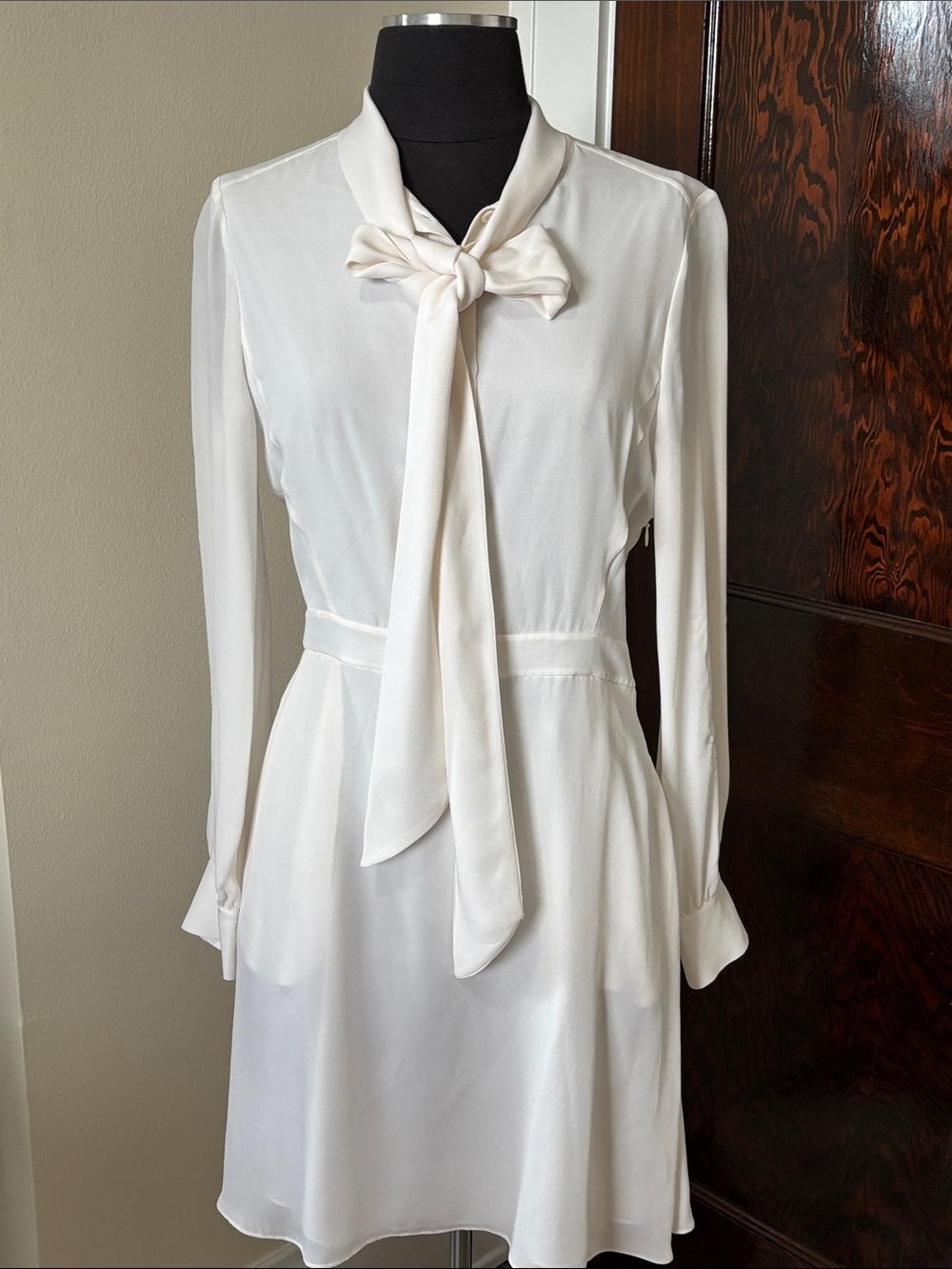 Rebecca Minkoff Silk White Tie-Neck Long Sleeve Dress Elegant Lightweight Flawed